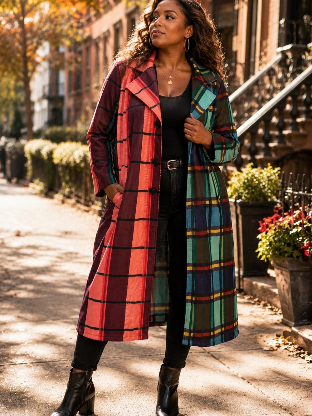 Statement Colorblock Plaid Longline Trench Coat Multicolor - Oversized XL